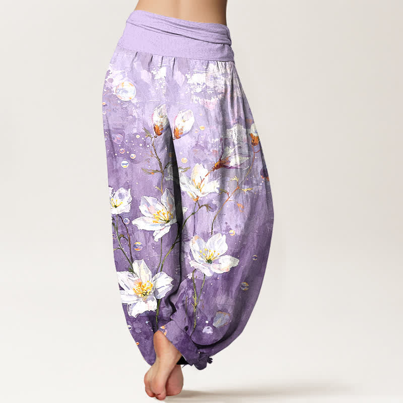 Buddha Stones Pantalones harem de mujer con cintura elástica, estampado de loto blanco acuarela de algodón puro para mujer. - image 8