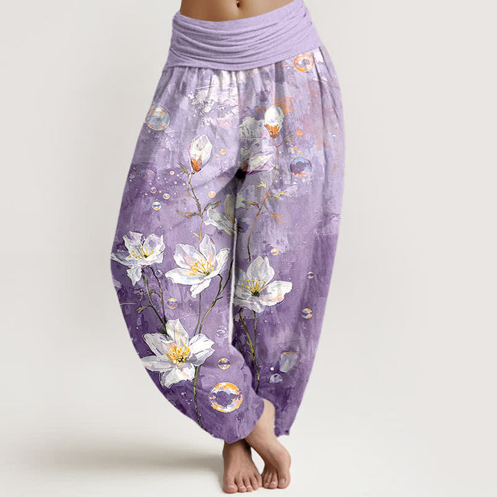 Buddha Stones Pantalones harem de mujer con cintura elástica, estampado de loto blanco acuarela de algodón puro para mujer. - Lavanda - US16，UK/AU20，EU48 (3XL) - image 6