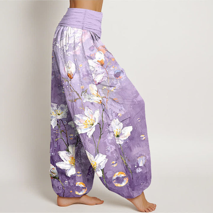 Buddha Stones Pantalones harem de mujer con cintura elástica, estampado de loto blanco acuarela de algodón puro para mujer. - image 7
