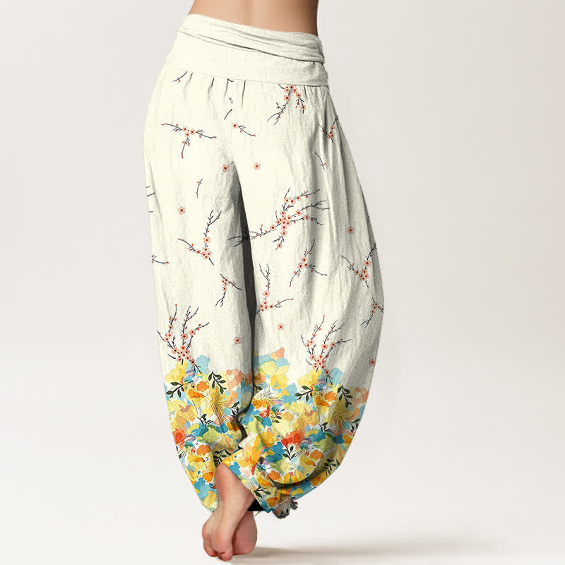 Buddha Stones Pantalones harem de algodón estilo boho con estampado floral de ramas y cintura elástica para mujer. - image 2
