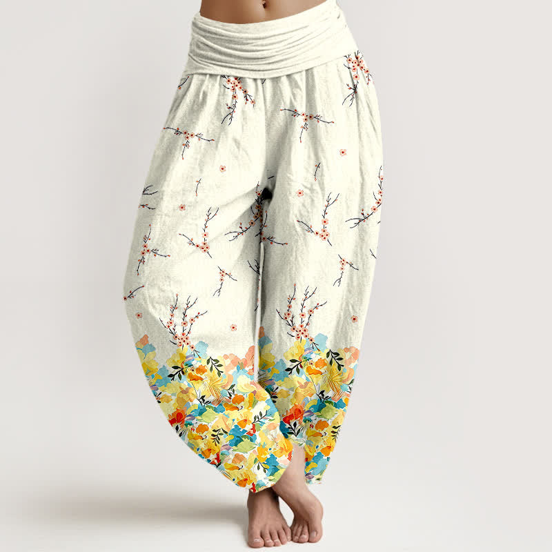 Buddha Stones Pantalones harem de algodón estilo boho con estampado floral de ramas y cintura elástica para mujer. - Amarillo - US16，UK/AU20，EU48 (3XL) - image 0