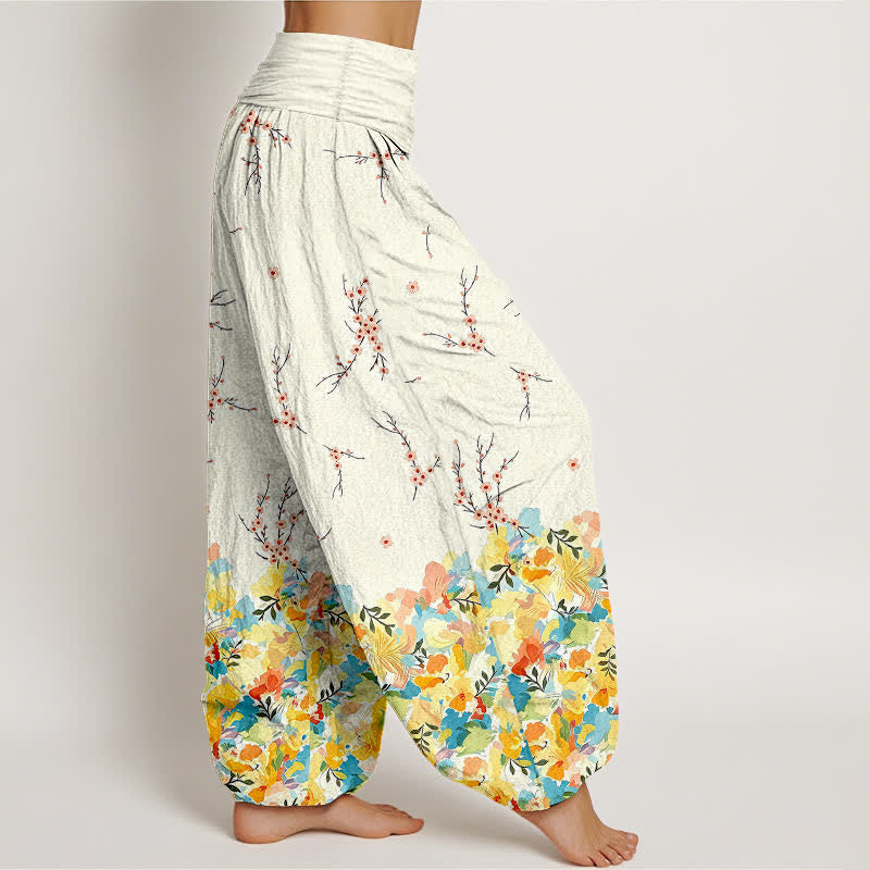 Buddha Stones Pantalones harem de algodón estilo boho con estampado floral de ramas y cintura elástica para mujer. - image 1