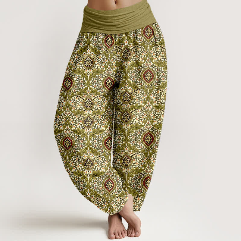 Buddha Stones Pantalones harem de mujer con cintura elástica, estampado paisley de rombos y algodón puro para mujer. - Aceituna - US16，UK/AU20，EU48 (3XL) - image 0