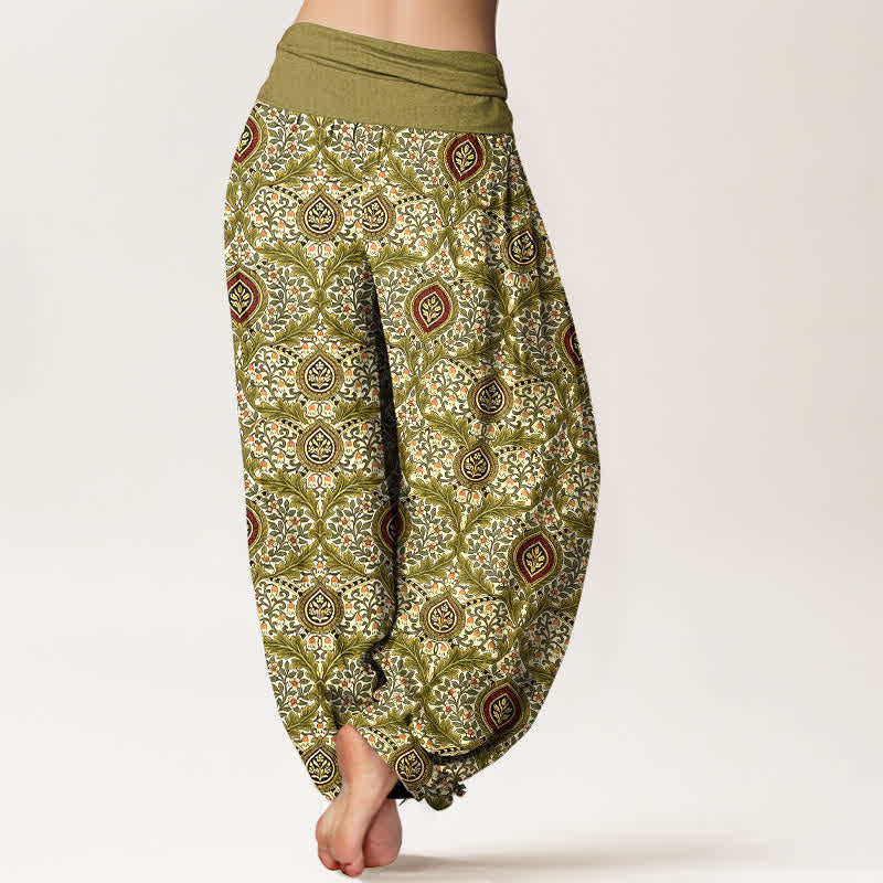 Buddha Stones Pantalones harem de mujer con cintura elástica, estampado paisley de rombos y algodón puro para mujer. - image 2