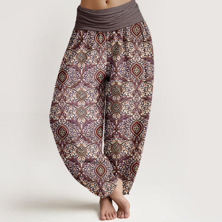 Buddha Stones Pantalones harem de mujer con cintura elástica, estampado paisley de rombos y algodón puro para mujer. - Marrón - US16，UK/AU20，EU48 (3XL) - image 3