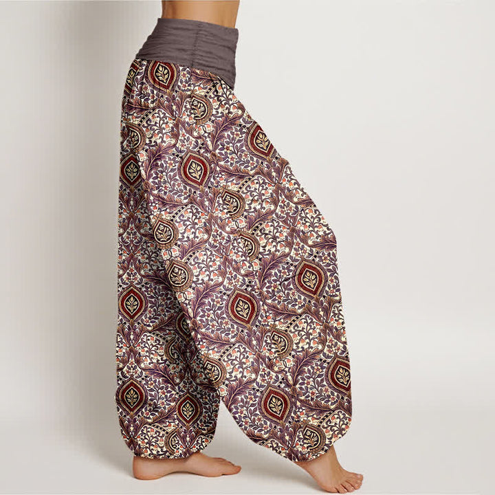 Buddha Stones Pantalones harem de mujer con cintura elástica, estampado paisley de rombos y algodón puro para mujer. - image 4