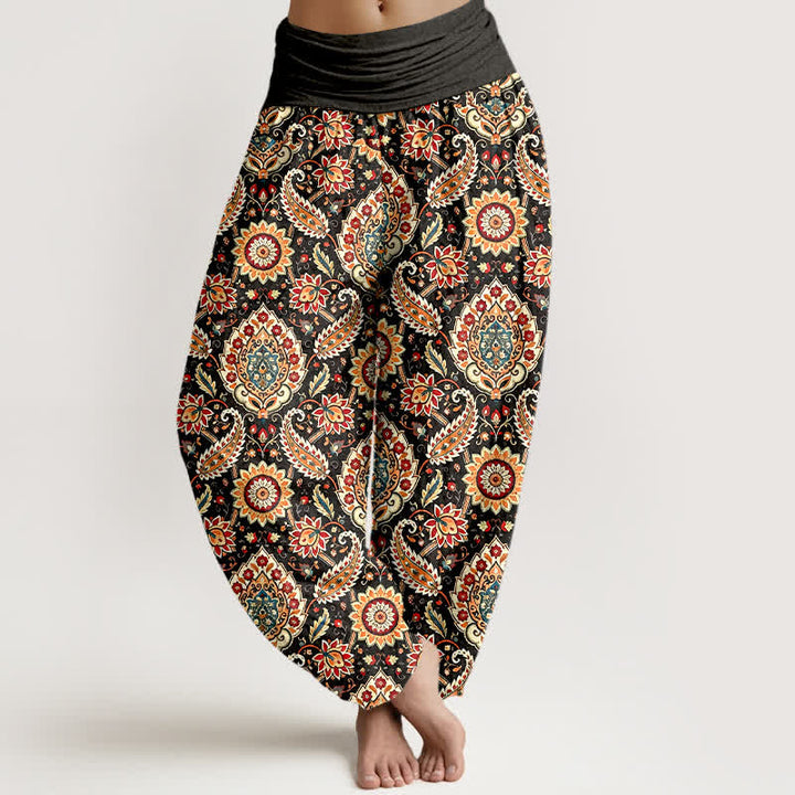 Buddha Stones Pantalones harem de algodón con estampado bohemio de mandala y cachemir para mujer, con cintura elástica. - Negro - US16，UK/AU20，EU48 (3XL) - image 0