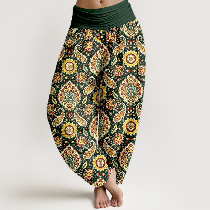 Buddha Stones Pantalones harem de algodón con estampado bohemio de mandala y cachemir para mujer, con cintura elástica. - Verde oscuro - US16，UK/AU20，EU48 (3XL) - image 3