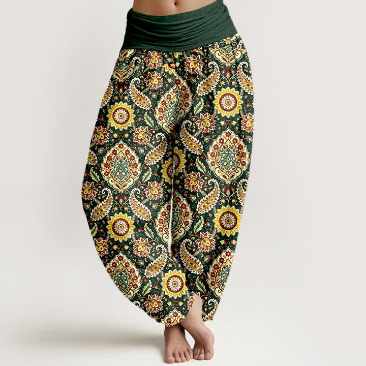 Buddha Stones Pantalones harem de algodón con estampado bohemio de mandala y cachemir para mujer, con cintura elástica. - Verde oscuro - US16，UK/AU20，EU48 (3XL) - image 3
