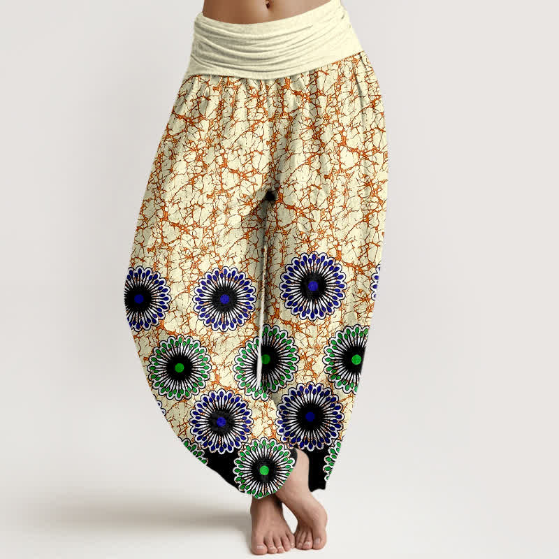 Buddha Stones Pantalones harem de mujer con cintura elástica y estampado floral de algodón puro. - vara de oro - US16，UK/AU20，EU48 (3XL) - image 3