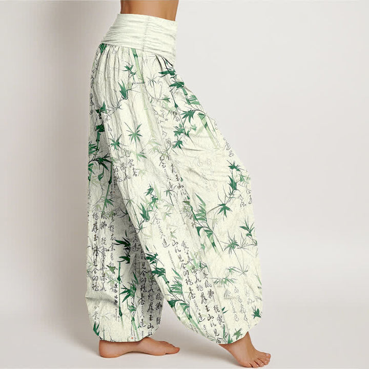 Buddha Stones Pantalones harem de mujer con cintura elástica y estampado de caligrafía de hojas de bambú de algodón puro para mujer - image 1