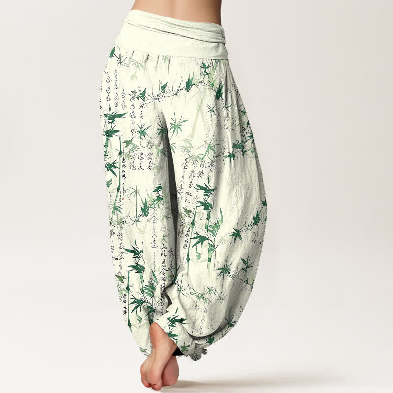 Buddha Stones Pantalones harem de mujer con cintura elástica y estampado de caligrafía de hojas de bambú de algodón puro para mujer - image 2