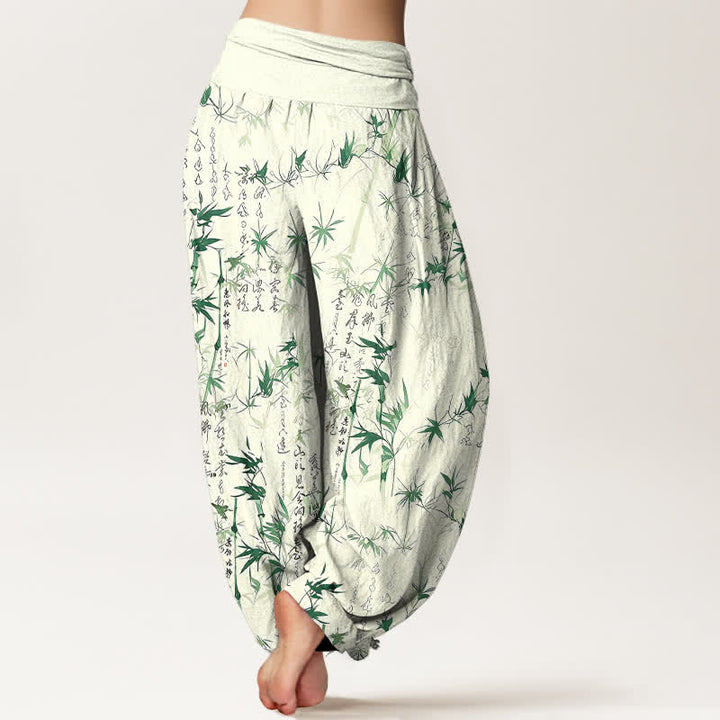 Buddha Stones Pantalones harem de mujer con cintura elástica y estampado de caligrafía de hojas de bambú de algodón puro para mujer - image 2