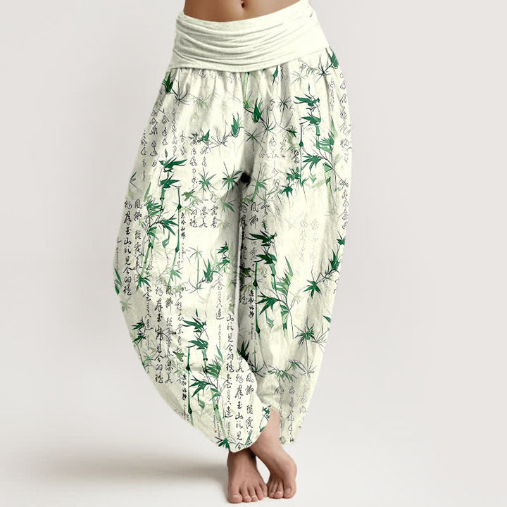 Buddha Stones Pantalones harem de mujer con cintura elástica y estampado de caligrafía de hojas de bambú de algodón puro para mujer - Verde - US16，UK/AU20，EU48 (3XL) - image 0