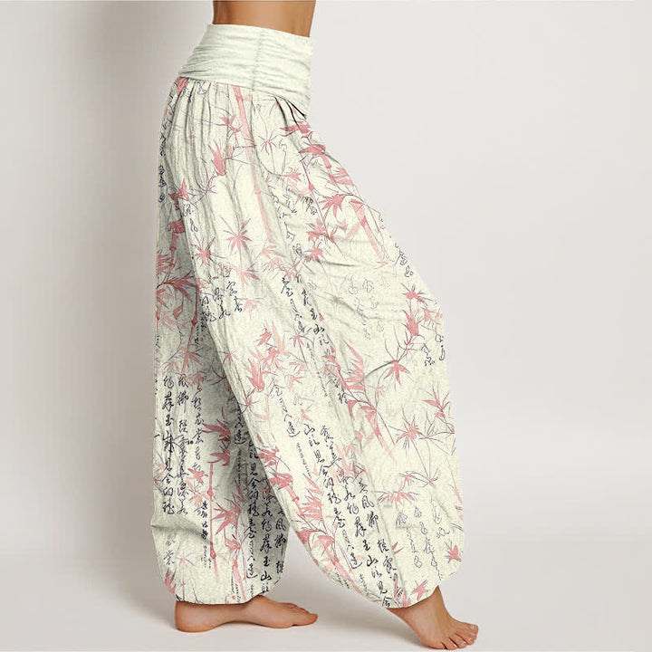 Buddha Stones Pantalones harem de mujer con cintura elástica y estampado de caligrafía de hojas de bambú de algodón puro para mujer - image 4