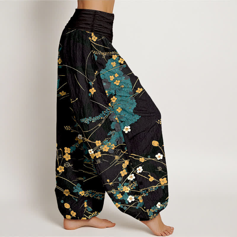 Buddha Stones Pantalones harem de algodón puro con estampado floral y cintura elástica para mujer. - image 1