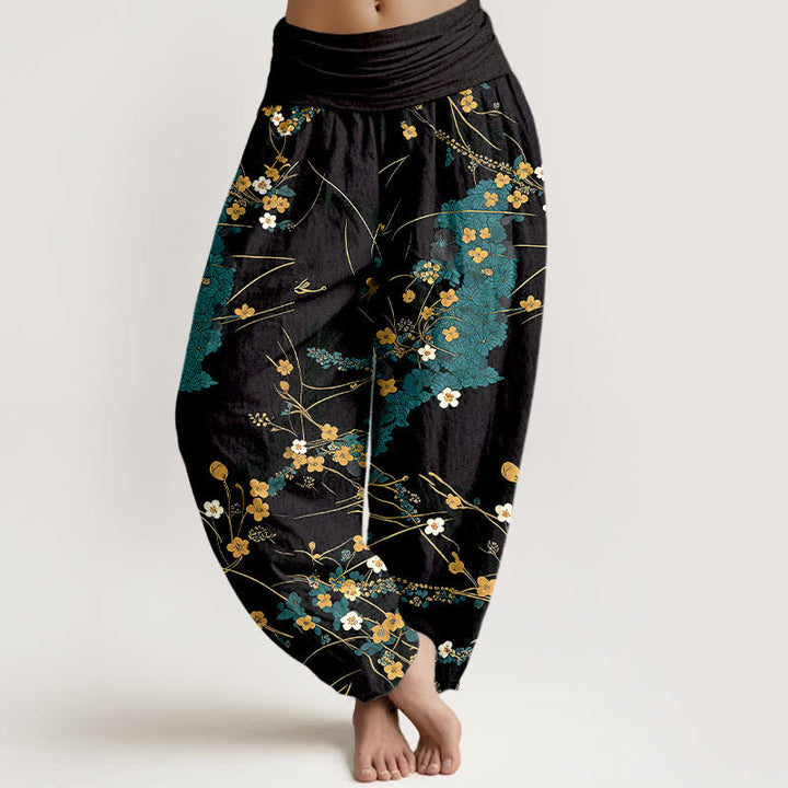 Buddha Stones Pantalones harem de algodón puro con estampado floral y cintura elástica para mujer. - Turquesa oscuro - US16，UK/AU20，EU48 (3XL) - image 0