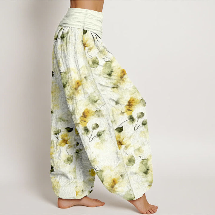 Buddha Stones Pantalones harem de algodón con estampado floral de hojas en acuarela para mujer con cintura elástica. - image 1