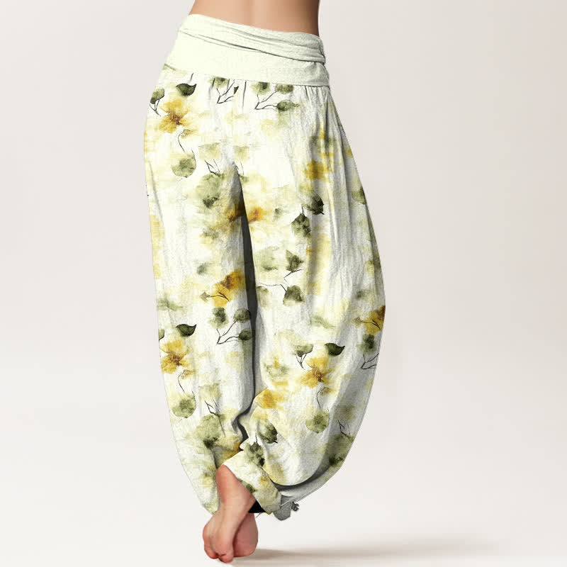 Buddha Stones Pantalones harem de algodón con estampado floral de hojas en acuarela para mujer con cintura elástica. - image 2