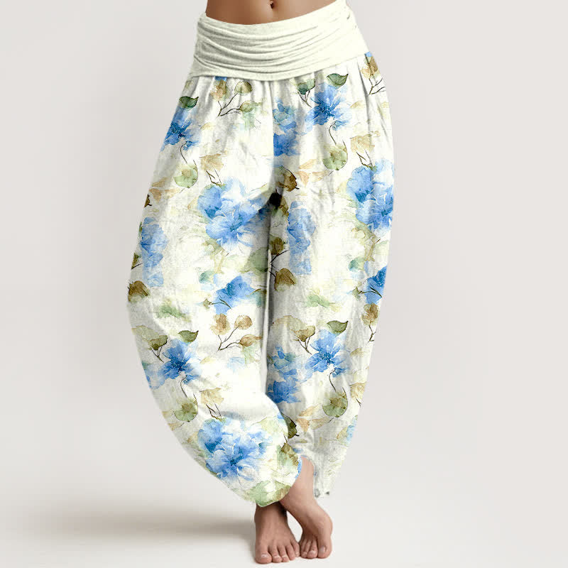 Buddha Stones Pantalones harem de algodón con estampado floral de hojas en acuarela para mujer con cintura elástica. - Azul cielo profundo - US16，UK/AU20，EU48 (3XL) - image 3