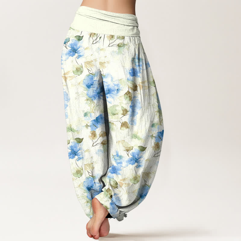 Buddha Stones Pantalones harem de algodón con estampado floral de hojas en acuarela para mujer con cintura elástica. - image 5