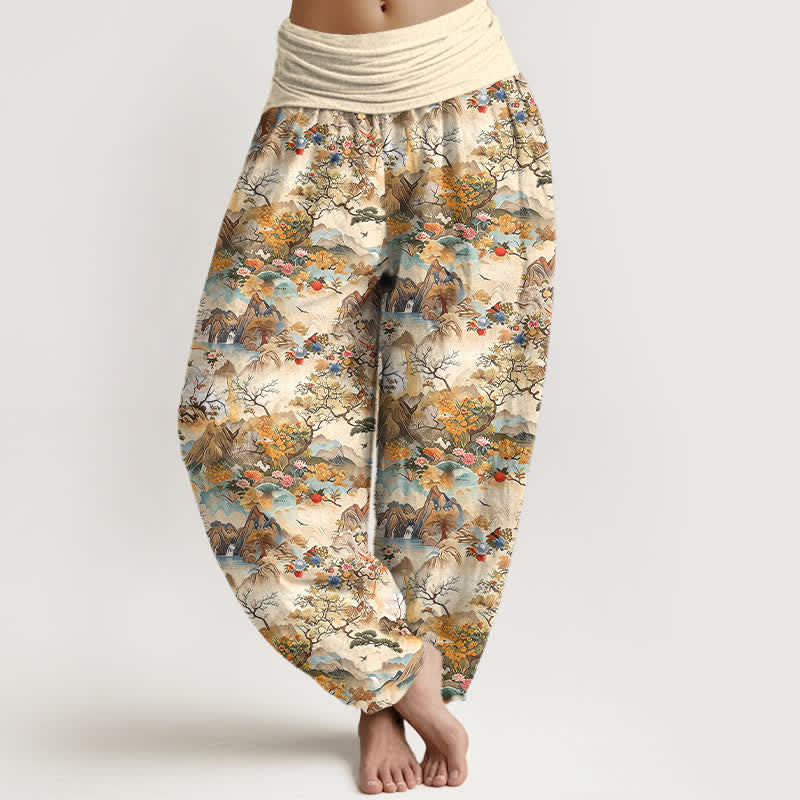 Buddha Stones Pantalones harem de algodón con estampado de paisaje oriental para mujer con cintura elástica. - vara de oro pálida - US16，UK/AU20，EU48 (3XL) - image 0