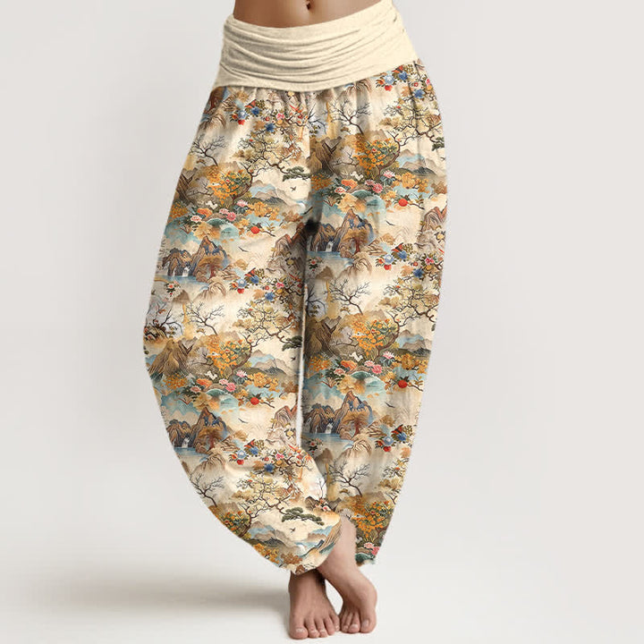 Buddha Stones Pantalones harem de algodón con estampado de paisaje oriental para mujer con cintura elástica. - vara de oro pálida - US16，UK/AU20，EU48 (3XL) - image 0