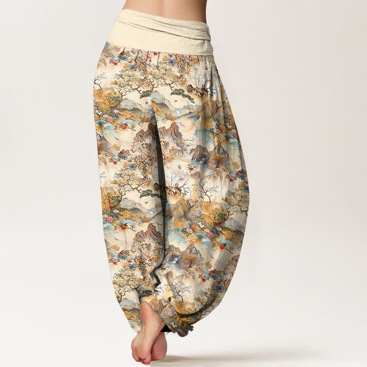 Buddha Stones Pantalones harem de algodón con estampado de paisaje oriental para mujer con cintura elástica. - image 2
