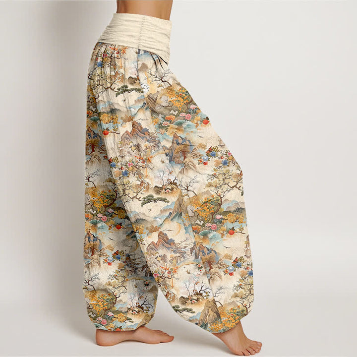 Buddha Stones Pantalones harem de algodón con estampado de paisaje oriental para mujer con cintura elástica. - image 1