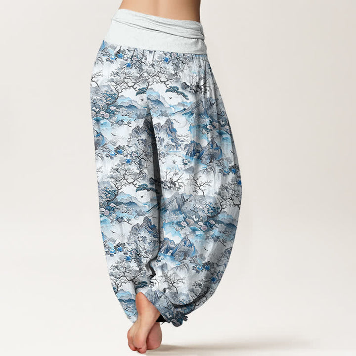 Buddha Stones Pantalones harem de algodón con estampado de paisaje oriental para mujer con cintura elástica. - image 5