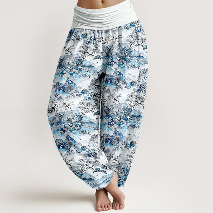 Buddha Stones Pantalones harem de algodón con estampado de paisaje oriental para mujer con cintura elástica. - Turquesa pálido - US16，UK/AU20，EU48 (3XL) - image 3