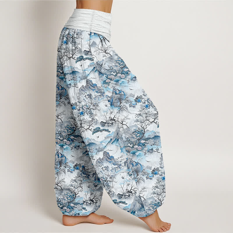 Buddha Stones Pantalones harem de algodón con estampado de paisaje oriental para mujer con cintura elástica. - image 4