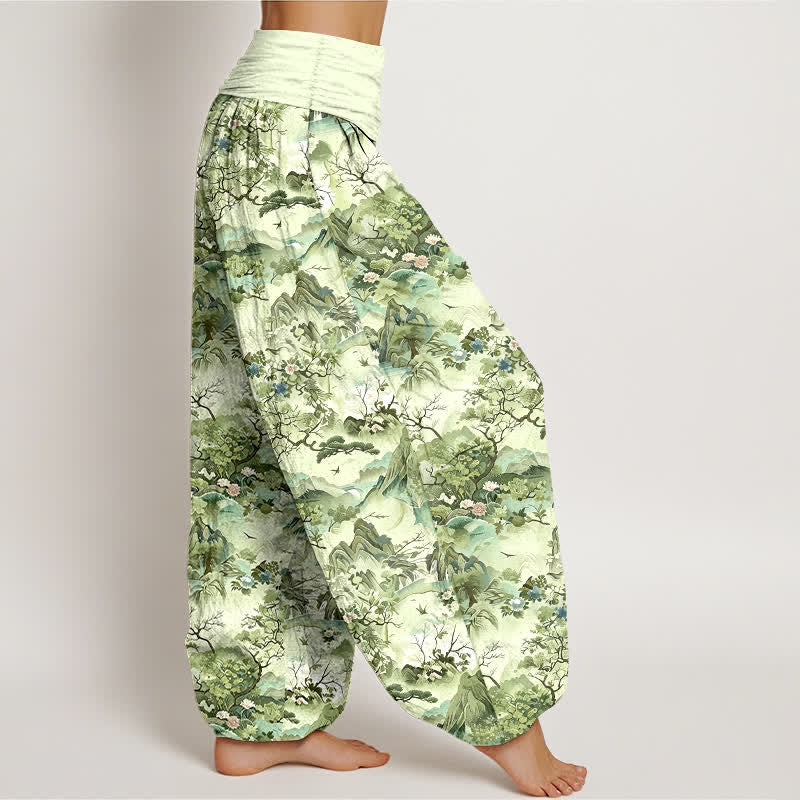 Buddha Stones Pantalones harem de algodón con estampado de paisaje oriental para mujer con cintura elástica. - image 7