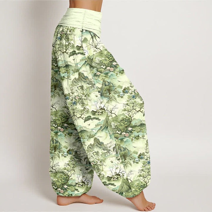 Buddha Stones Pantalones harem de algodón con estampado de paisaje oriental para mujer con cintura elástica. - image 7