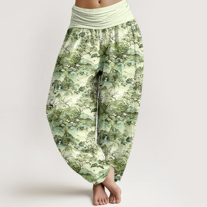 Buddha Stones Pantalones harem de algodón con estampado de paisaje oriental para mujer con cintura elástica. - Verde pálido - US16，UK/AU20，EU48 (3XL) - image 6
