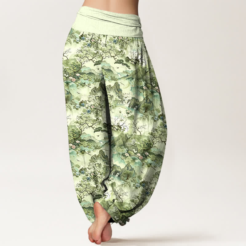 Buddha Stones Pantalones harem de algodón con estampado de paisaje oriental para mujer con cintura elástica. - image 8