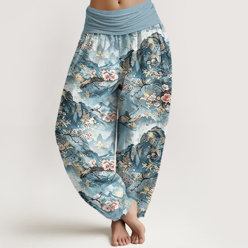 Buddha Stones Pantalones harem de mujer con cintura elástica y estampado floral de paisaje oriental, de algodón puro. - Turquesa pálido - US16，UK/AU20，EU48 (3XL) - image 3