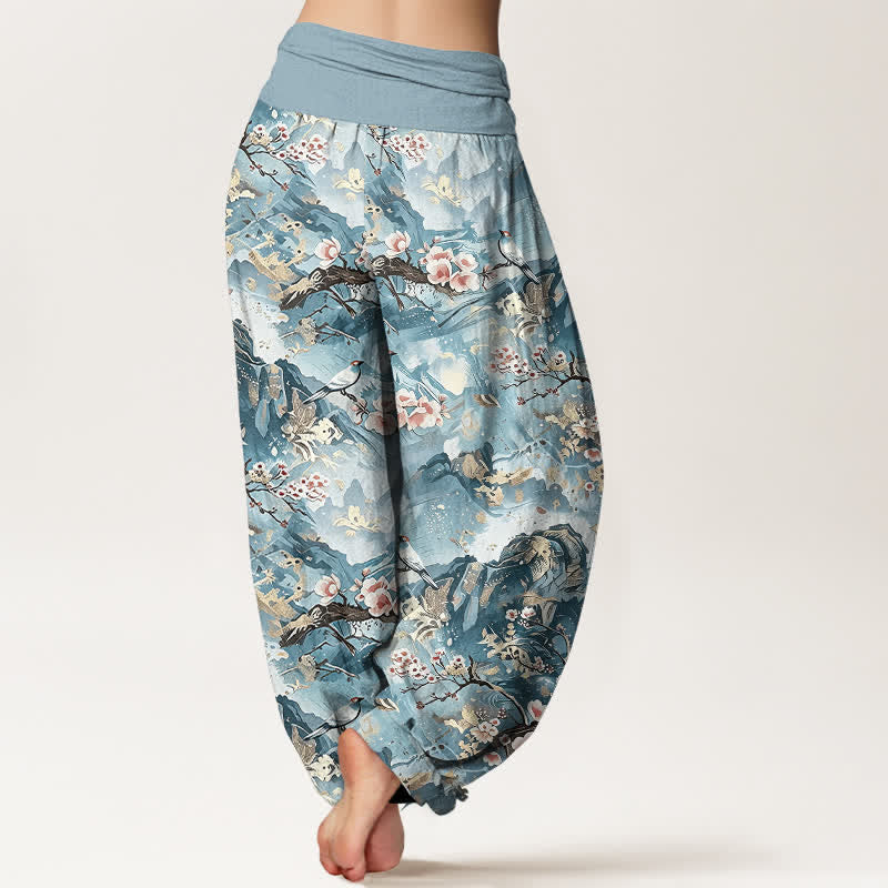 Buddha Stones Pantalones harem de mujer con cintura elástica y estampado floral de paisaje oriental, de algodón puro. - image 5
