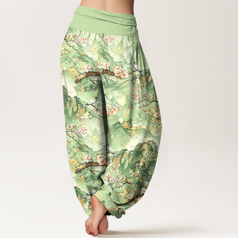 Buddha Stones Pantalones harem de mujer con cintura elástica y estampado floral de paisaje oriental, de algodón puro. - image 8