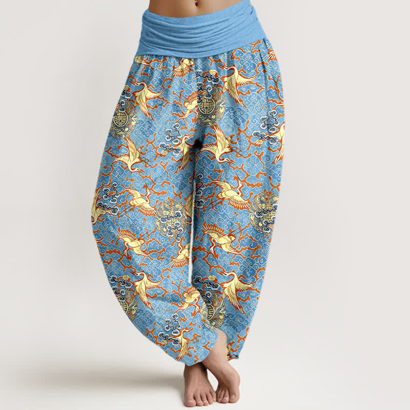Buddha Stones Pantalones harem de mujer con cintura elástica, estampado de grullas y nubes, color blanco puro. - Azul cielo claro - US16，UK/AU20，EU48 (3XL) - image 0