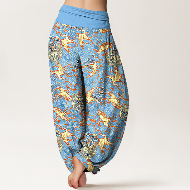 Buddha Stones Pantalones harem de mujer con cintura elástica, estampado de grullas y nubes, color blanco puro. - image 2