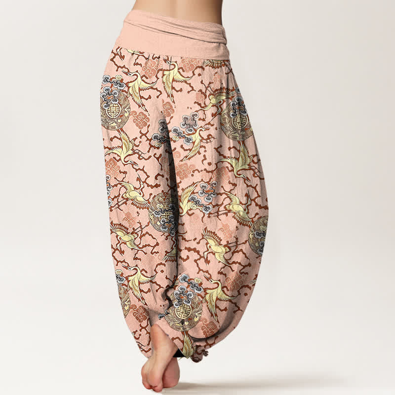 Buddha Stones Pantalones harem de mujer con cintura elástica, estampado de grullas y nubes, color blanco puro. - image 5