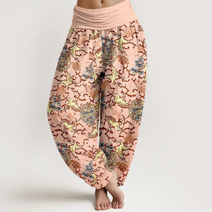 Buddha Stones Pantalones harem de mujer con cintura elástica, estampado de grullas y nubes, color blanco puro. - Rosa Misty - US16，UK/AU20，EU48 (3XL) - image 3