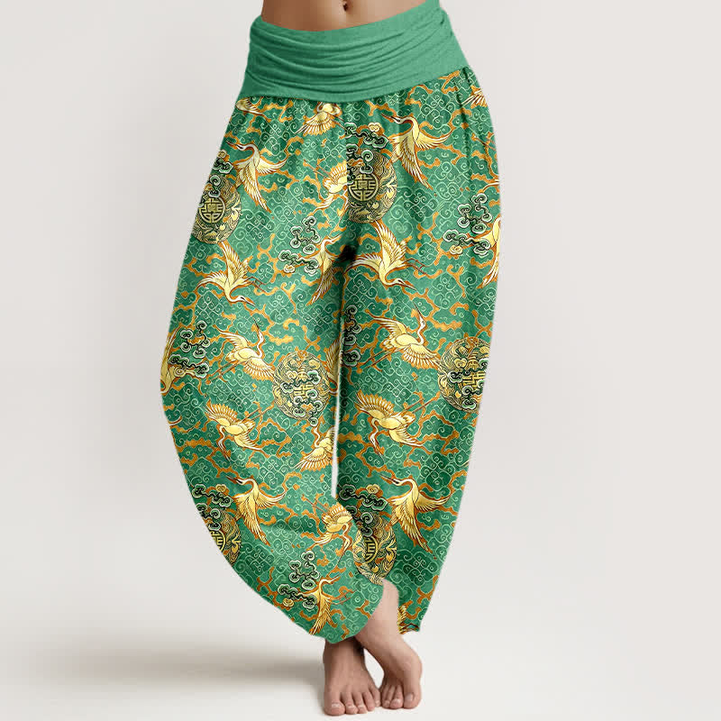 Buddha Stones Pantalones harem de mujer con cintura elástica, estampado de grullas y nubes, color blanco puro. - Verde mar medio - US16，UK/AU20，EU48 (3XL) - image 6