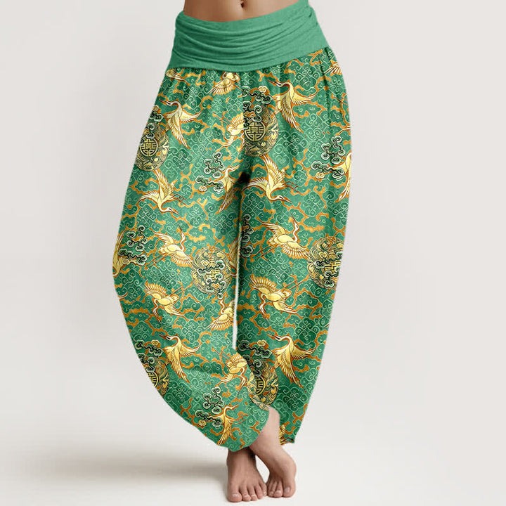 Buddha Stones Pantalones harem de mujer con cintura elástica, estampado de grullas y nubes, color blanco puro. - Verde mar medio - US16，UK/AU20，EU48 (3XL) - image 6
