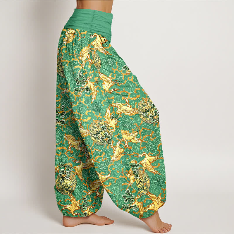 Buddha Stones Pantalones harem de mujer con cintura elástica, estampado de grullas y nubes, color blanco puro. - image 7