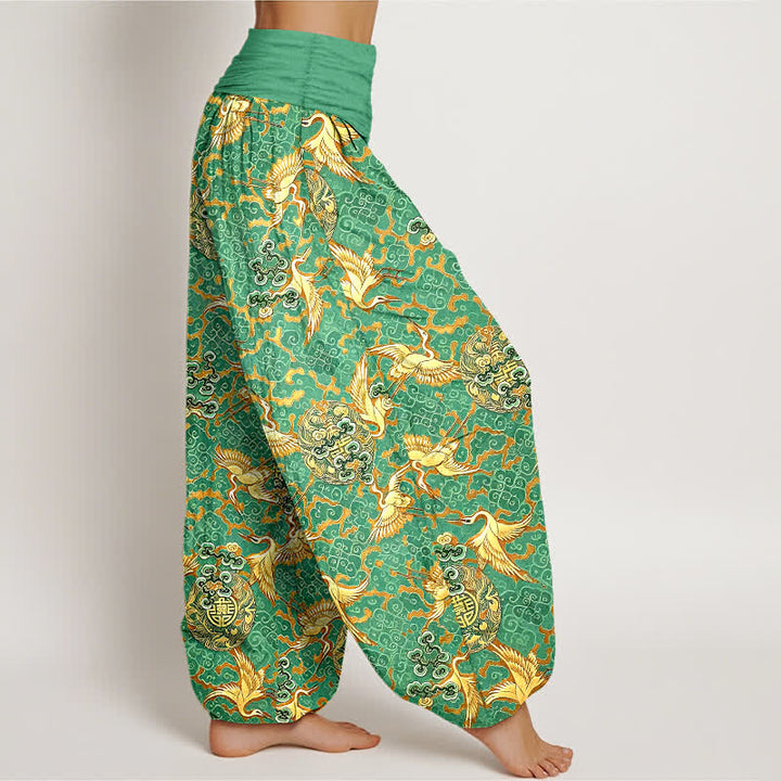 Buddha Stones Pantalones harem de mujer con cintura elástica, estampado de grullas y nubes, color blanco puro. - image 7