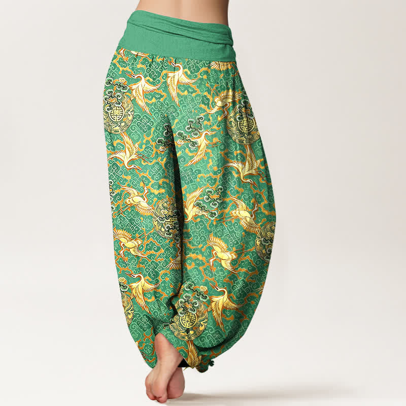 Buddha Stones Pantalones harem de mujer con cintura elástica, estampado de grullas y nubes, color blanco puro. - image 8