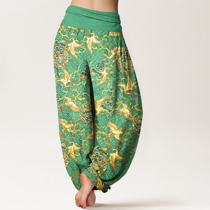 Buddha Stones Pantalones harem de mujer con cintura elástica, estampado de grullas y nubes, color blanco puro. - image 8
