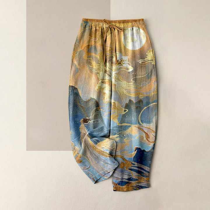 Buddha Stones Pantalones de mujer de algodón puro con estampado de luna dorada, nubes y cintura elástica, con bolsillos. - Trigo - US16，UK/AU20，EU48 (3XL) - image 0